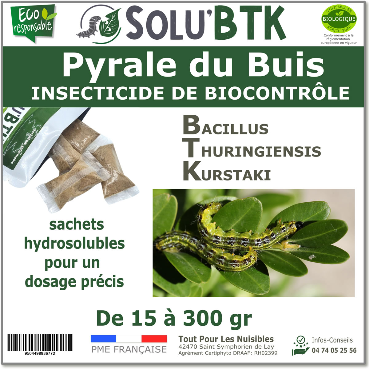 Insecticide BTK de biocontrôle contre les chenilles de la pyrale du buis, SOLU